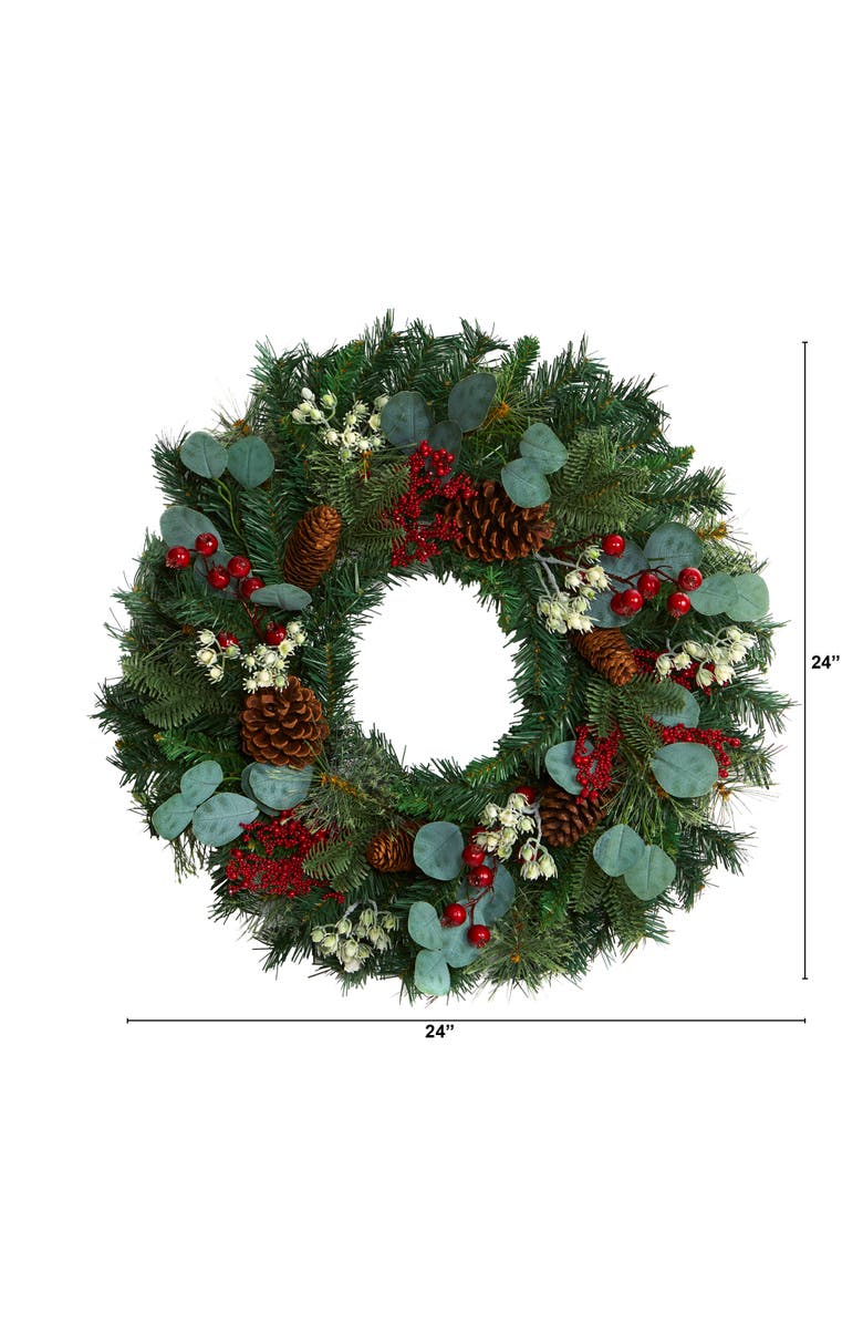 NEARLY NATURAL 24-in Eucalyptus and Pine Artificial Wreath with Berries and Pine Cones, Alternate, color, Green