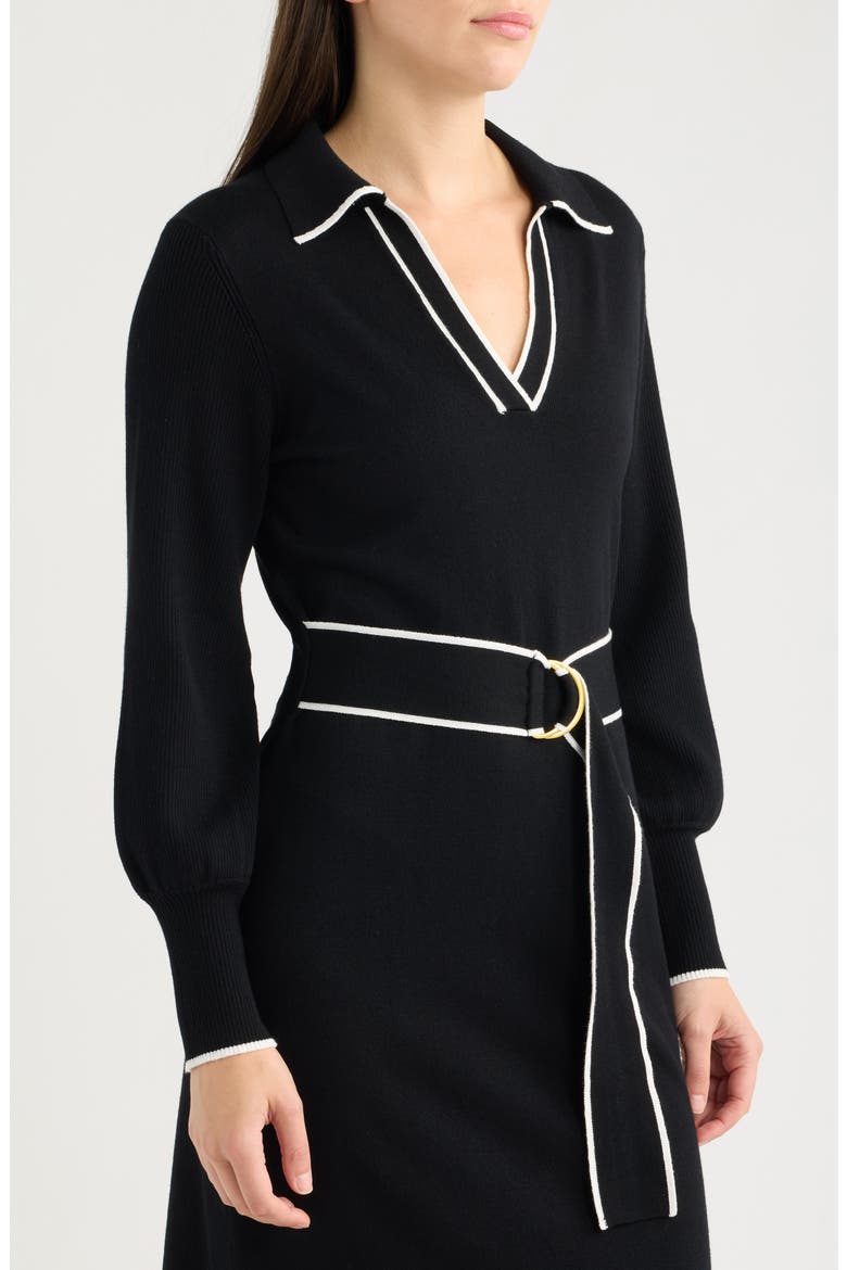 Tie Waist Long Sleeve Sweater Midi Dress, Alternate, color, BLACK IVORY
