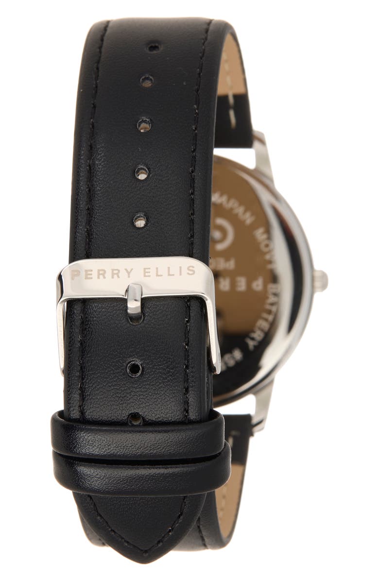 Perry Ellis Diamond Ultra Thin Faux Leather Strap Watch, 40mm, Alternate, color, Silver