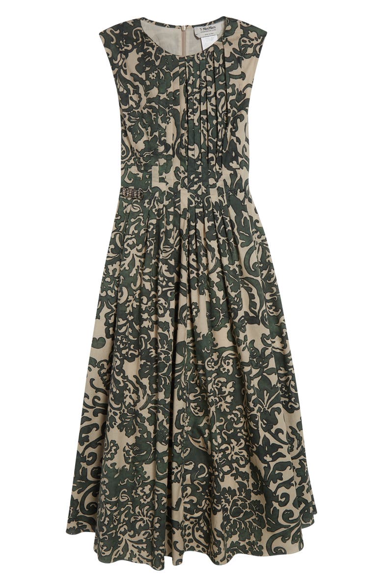 Max Mara Venice Print Pleated Cotton Voile Dress, Alternate, color, Kaki