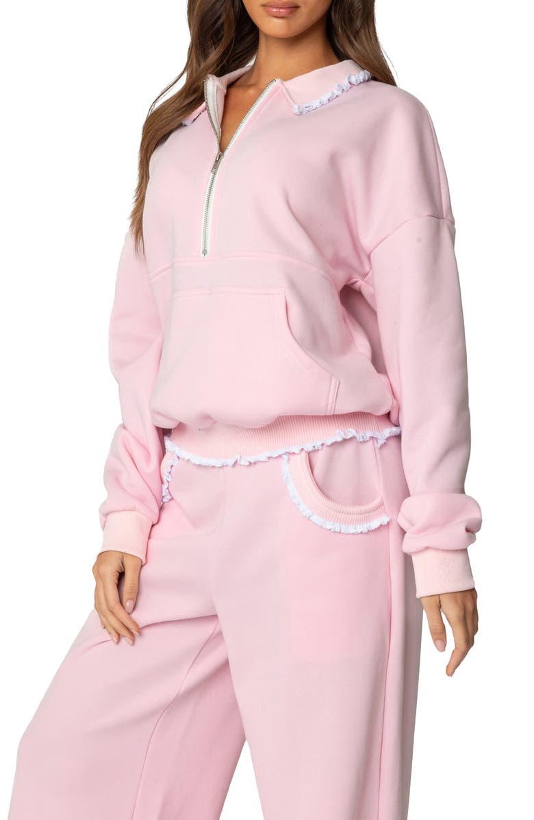 EDIKTED Ashtin Ruffle Trim Half Zip Sweatshirt, Alternate, color, Light-Pink