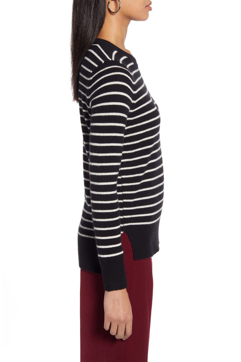 Crewneck Cashmere Sweater, Alternate, color, BLACK- IVORY UNEVEN STRIPE