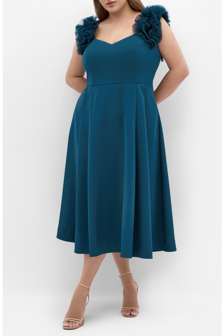 Roselyn Tulle Detail Midi Dress, Main, color, PEACOCK