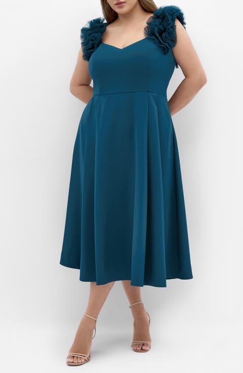 Roselyn Tulle Detail Midi Dress (Plus)