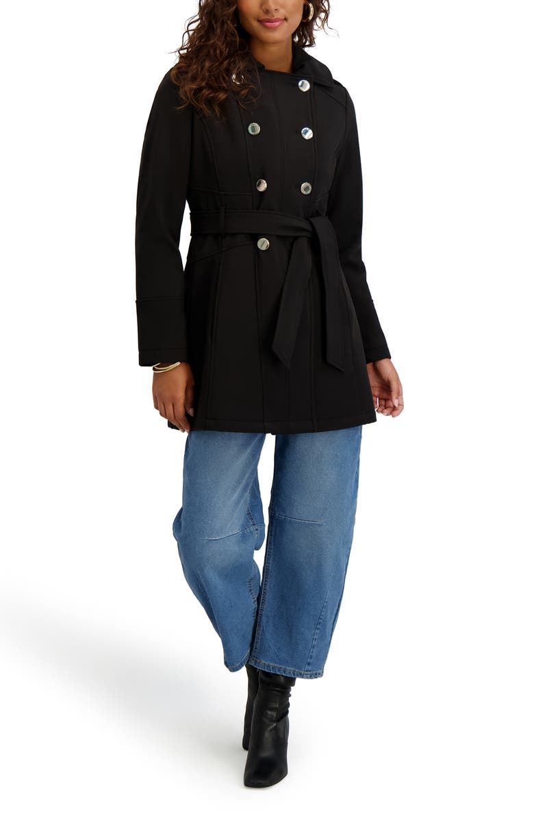 Kensie Hooded Double Breasted Soft Shell Jacket, Alternate, color, Black