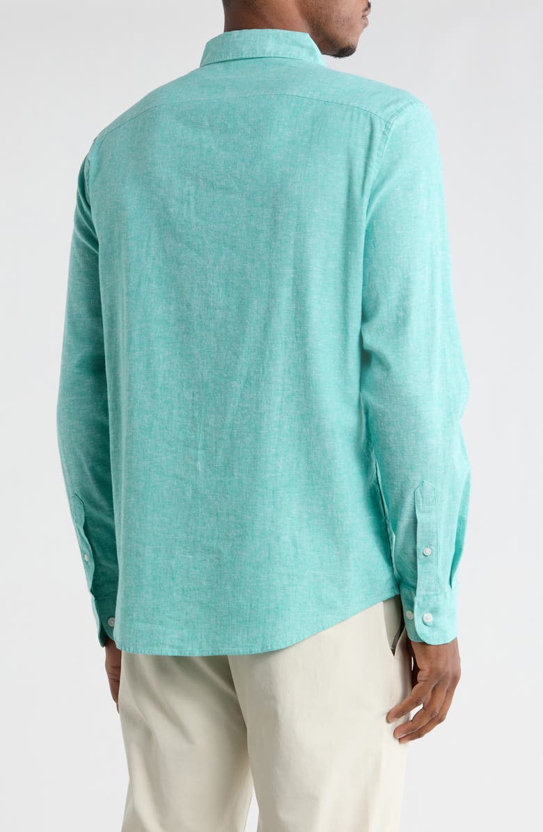 Original Penguin Linen Blend Woven Solid Button-Down Shirt, Alternate, color, Atlantis