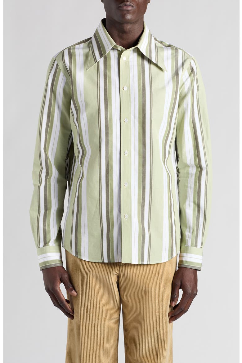Stripe Cotton & Linen Button-Up Shirt, Main, color, PALE GREEN/ WHITE