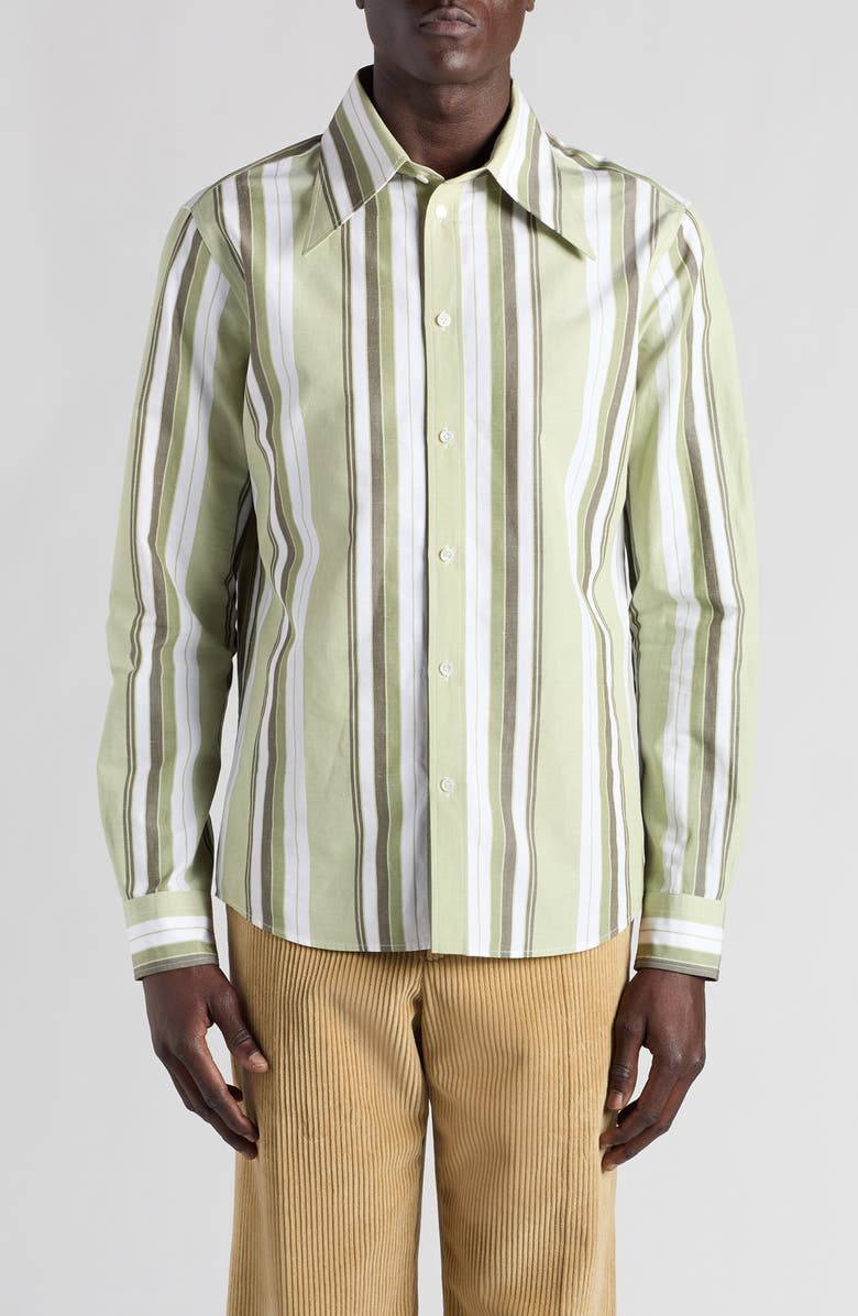 Bottega Veneta Stripe Cotton & Linen Button-Up Shirt, Main, color, Pale Green/ White