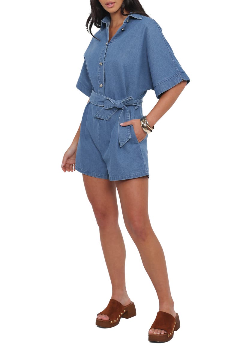 Hailey Belted Cotton Denim Romper, Alternate, color, INDIGO