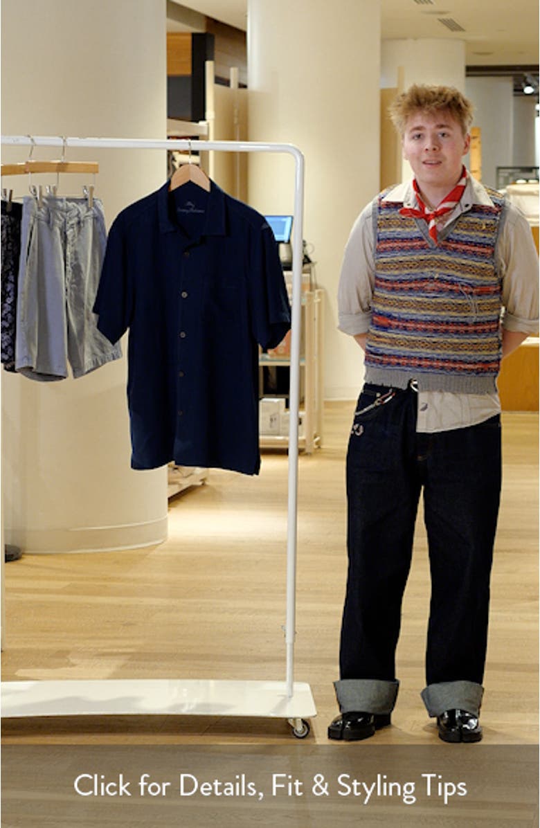 Herringbone Short Sleeve Silk Button-Up Camp Shirt, sales video thumbnail