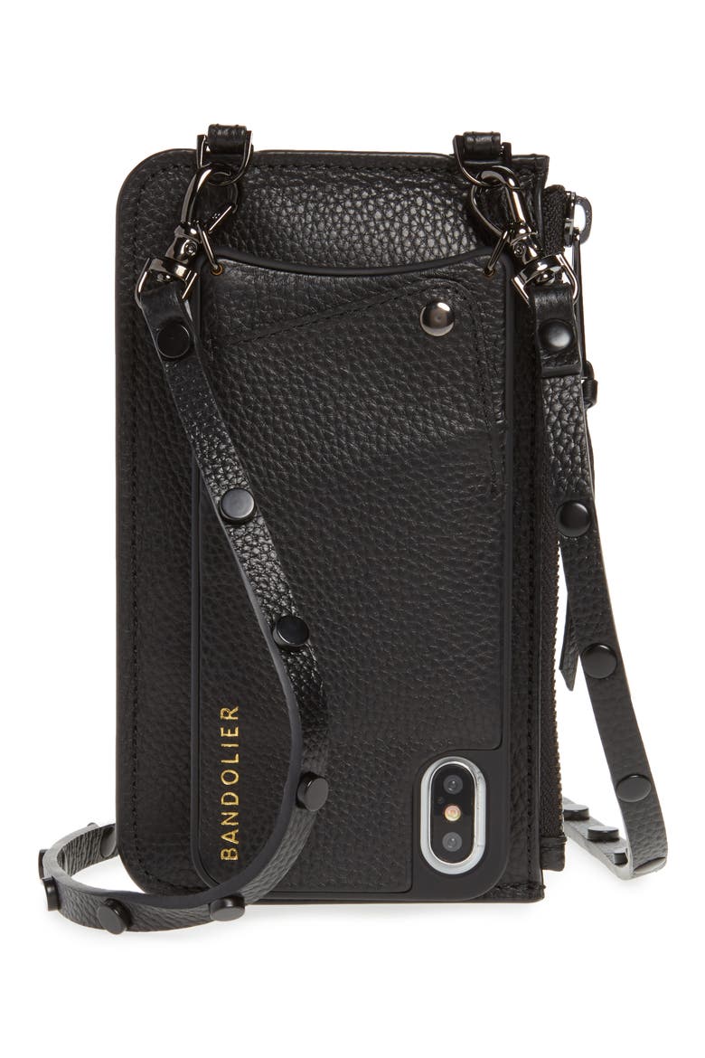 Jane Leather iPhone X/Xs Crossbody Case & Pouch Set, Main, color, BLACK/ PEWTER