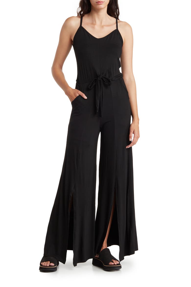 Tie Front Wide Leg Jumpsuit, Main, color, BLACK