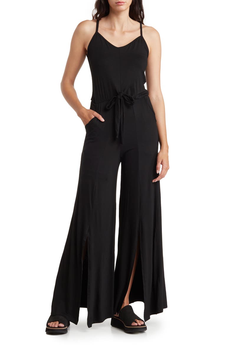 GO COUTURE Tie Front Wide Leg Jumpsuit, Main, color, Black