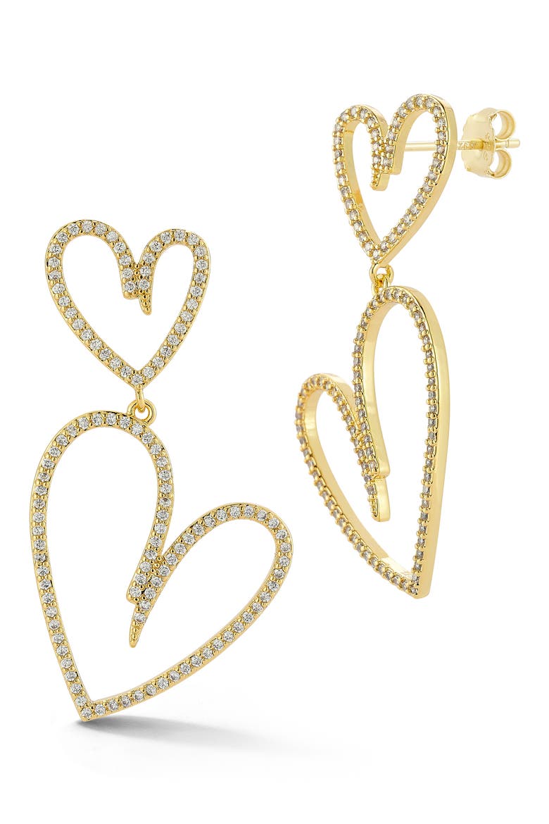 Double Heart Cubic Zirconia Pavé Drop Earrings, Main, color, GOLD