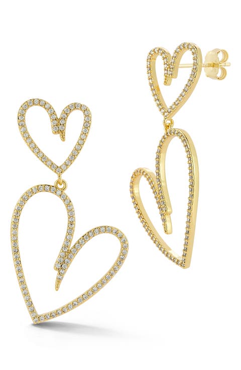 Double Heart Cubic Zirconia Pavé Drop Earrings