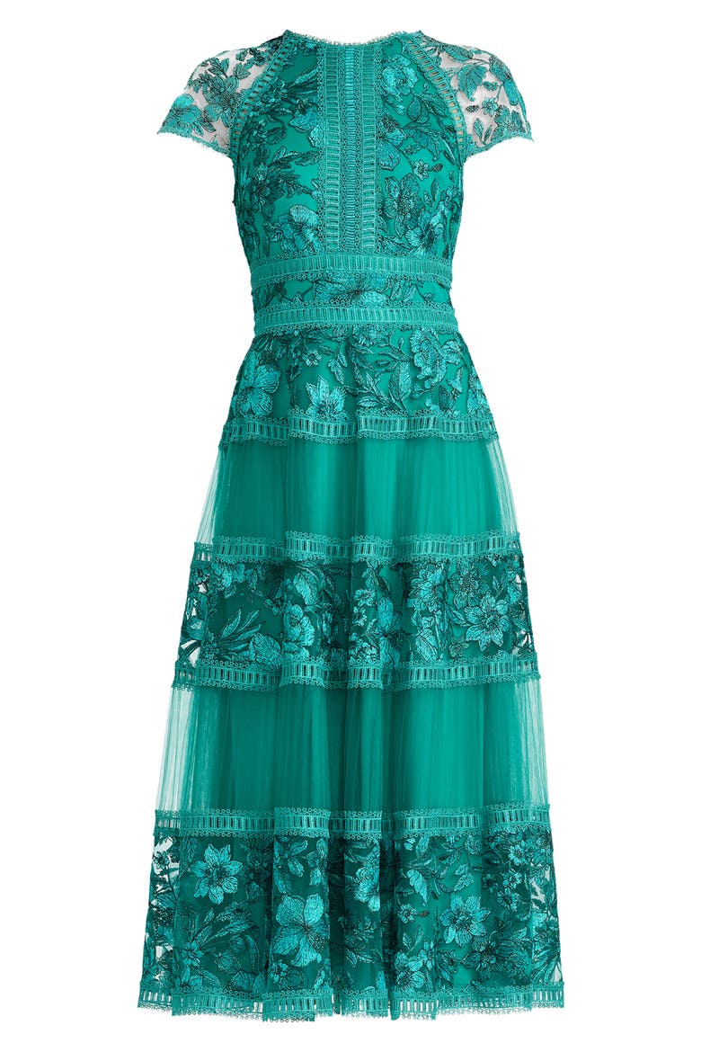 Embroidered Lace Trim Tiered Cocktail Dress, Alternate, color, EMERALD