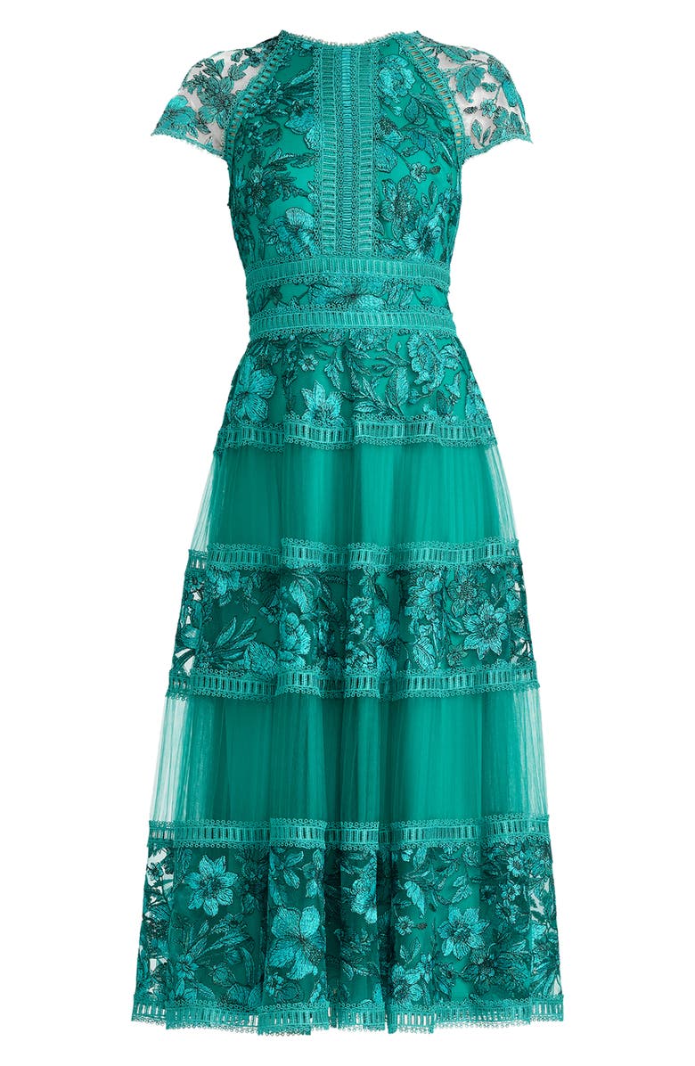 Tadashi Shoji Embroidered Lace Trim Tiered Cocktail Dress, Alternate, color, Emerald