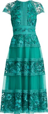 Tadashi Shoji Embroidered Lace Trim Tiered Cocktail Dress