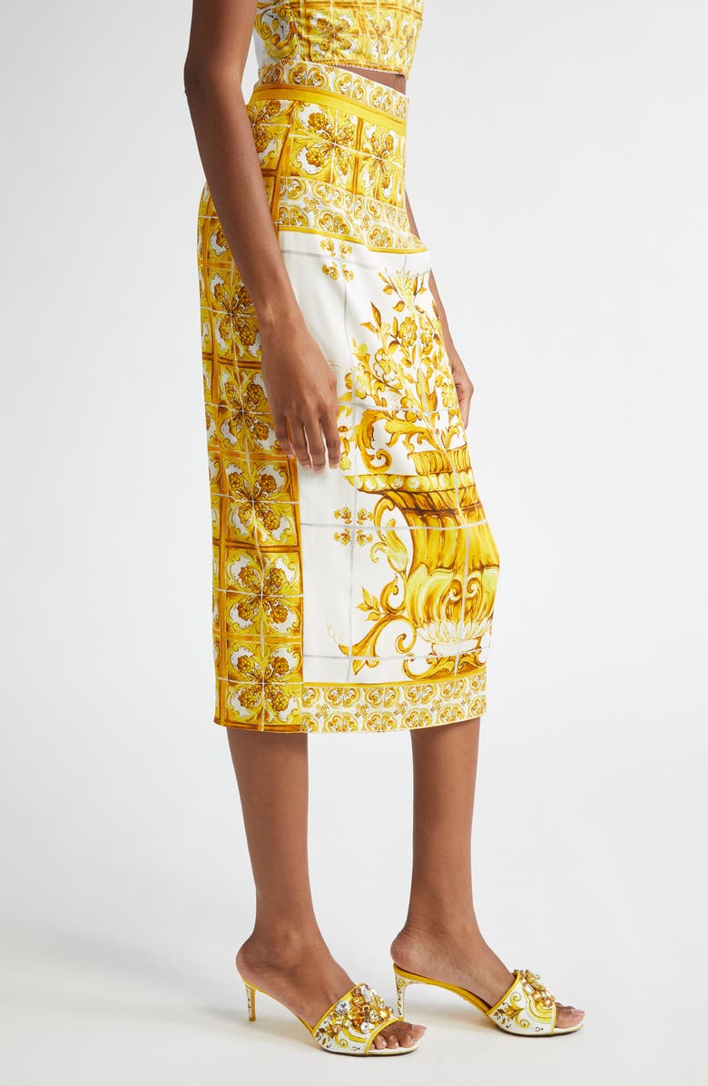 Dolce&Gabbana Majolica Stretch Silk Pencil Skirt, Alternate, color, Hg3tn Mix Maiolica Giallo
