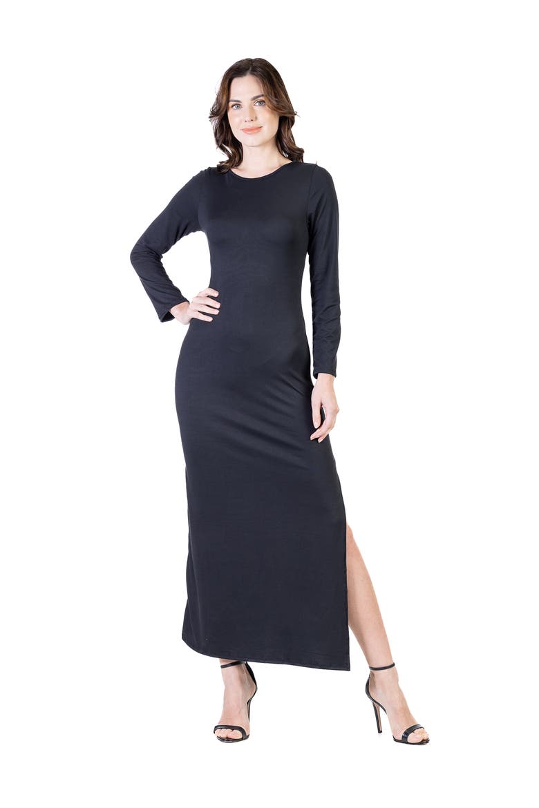 Petite Long Sleeve Side Slit Fitted Maxi Dress, Main, color, Black