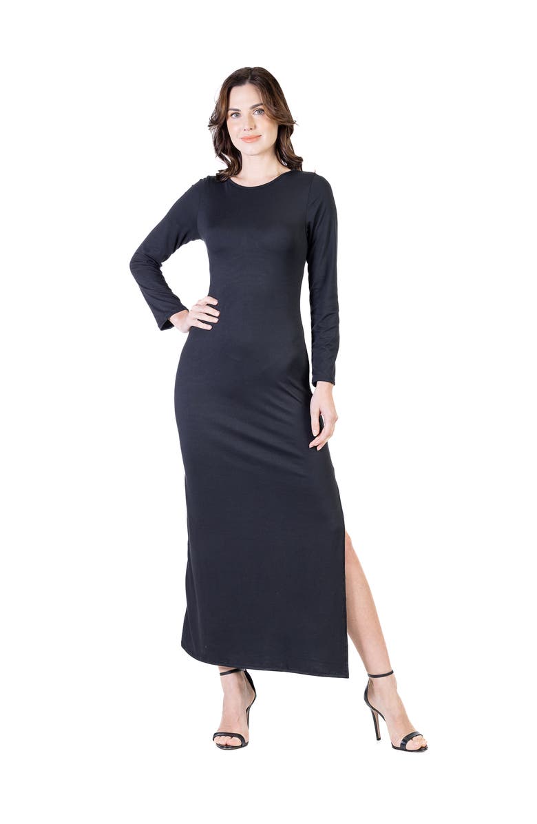 24seven Comfort Apparel Petite Long Sleeve Side Slit Fitted Maxi Dress, Main, color, Black