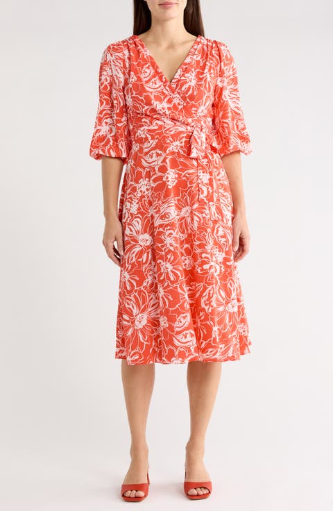 Surplice Three-Quarter Balloon Sleeve Midi Dress