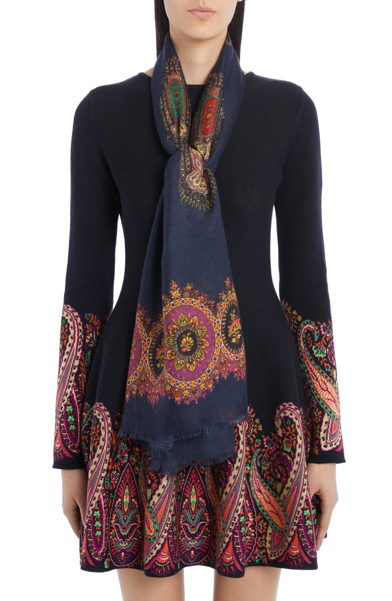 Etro Paisley Wool, Cashmere & Silk Scarf, Alternate, color,