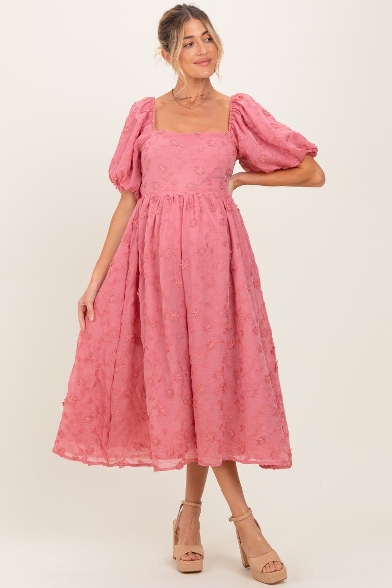 Embroidered Floral Puff Sleeve Midi Dress, Alternate, color, Mauve