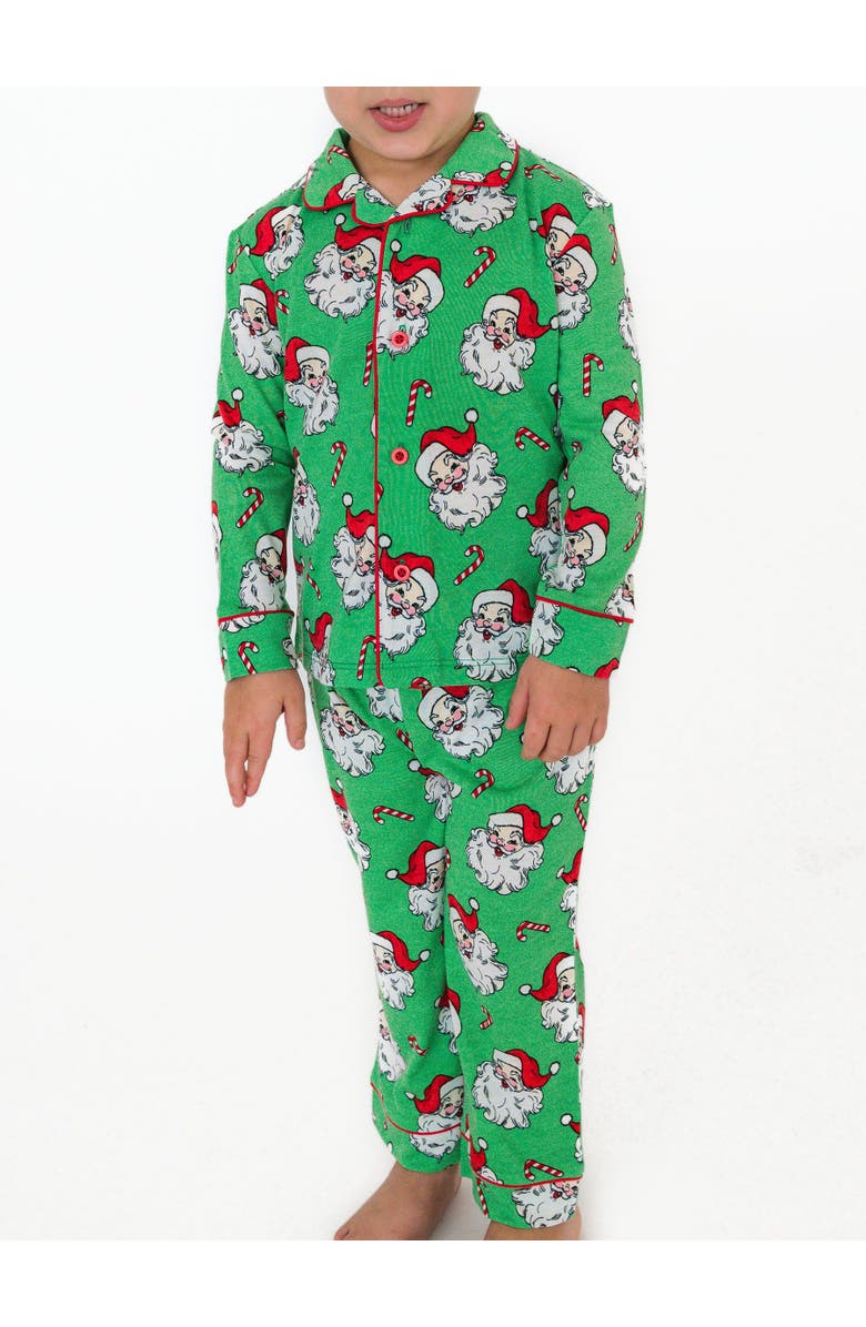 RuffleButts Gender Inclusive Button Up Pajama Set, Alternate, color, Green Santa Joy