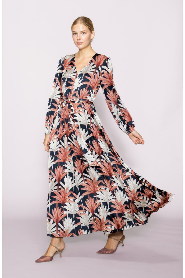 Botanical Tie Waist Pleated Maxi Dress, Alternate, color, NAVY MULTI LEAF