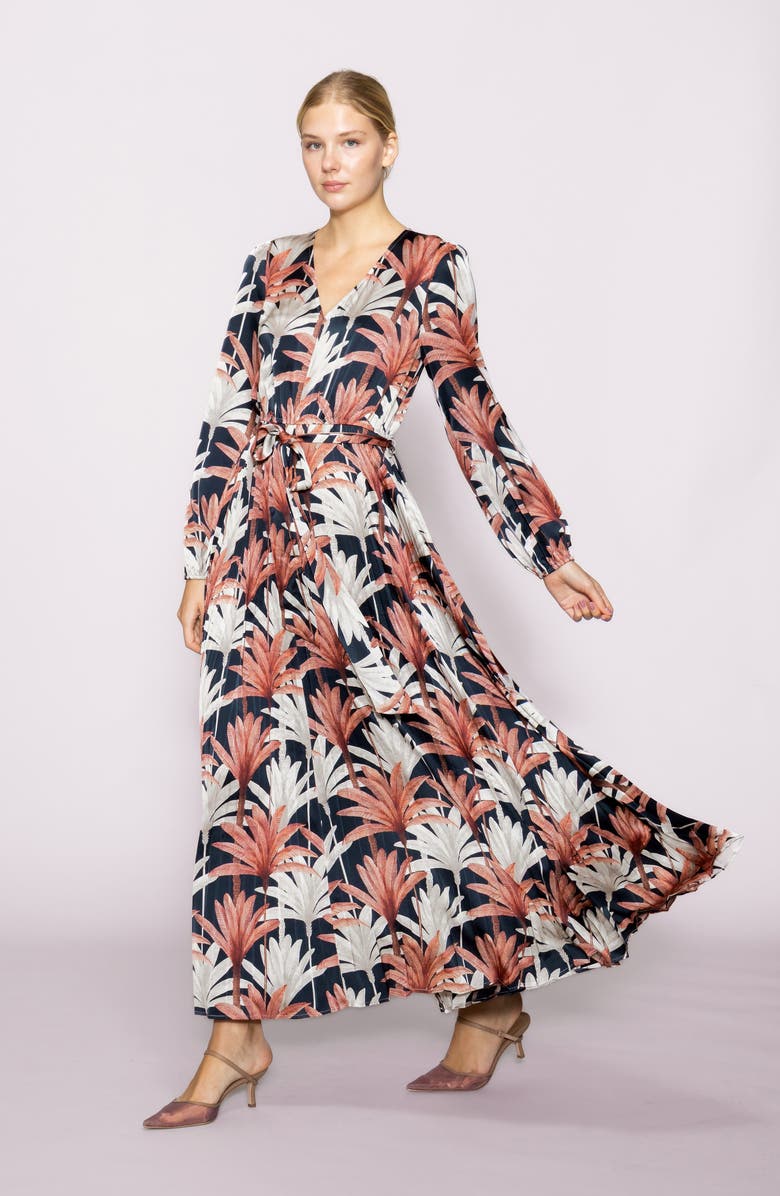 MELLODAY Botanical Tie Waist Pleated Maxi Dress, Alternate, color, Navy Multi Leaf