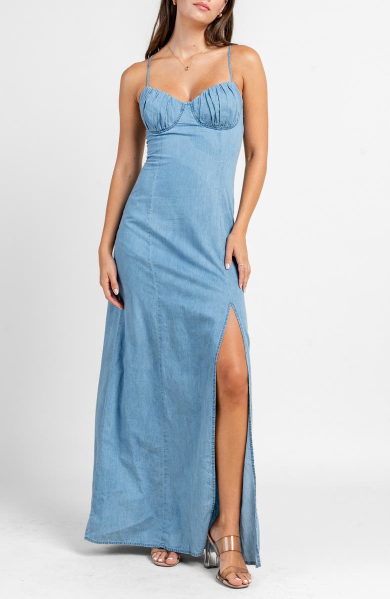 Beivy Ruched Bust Denim Maxi Dress, Main, color, Blue