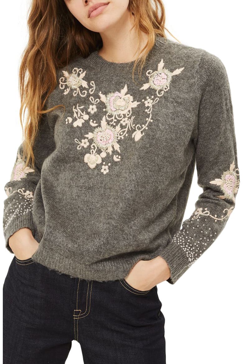 Beaded Embroidered Sweater, Main, color, GREY MARL MULTI