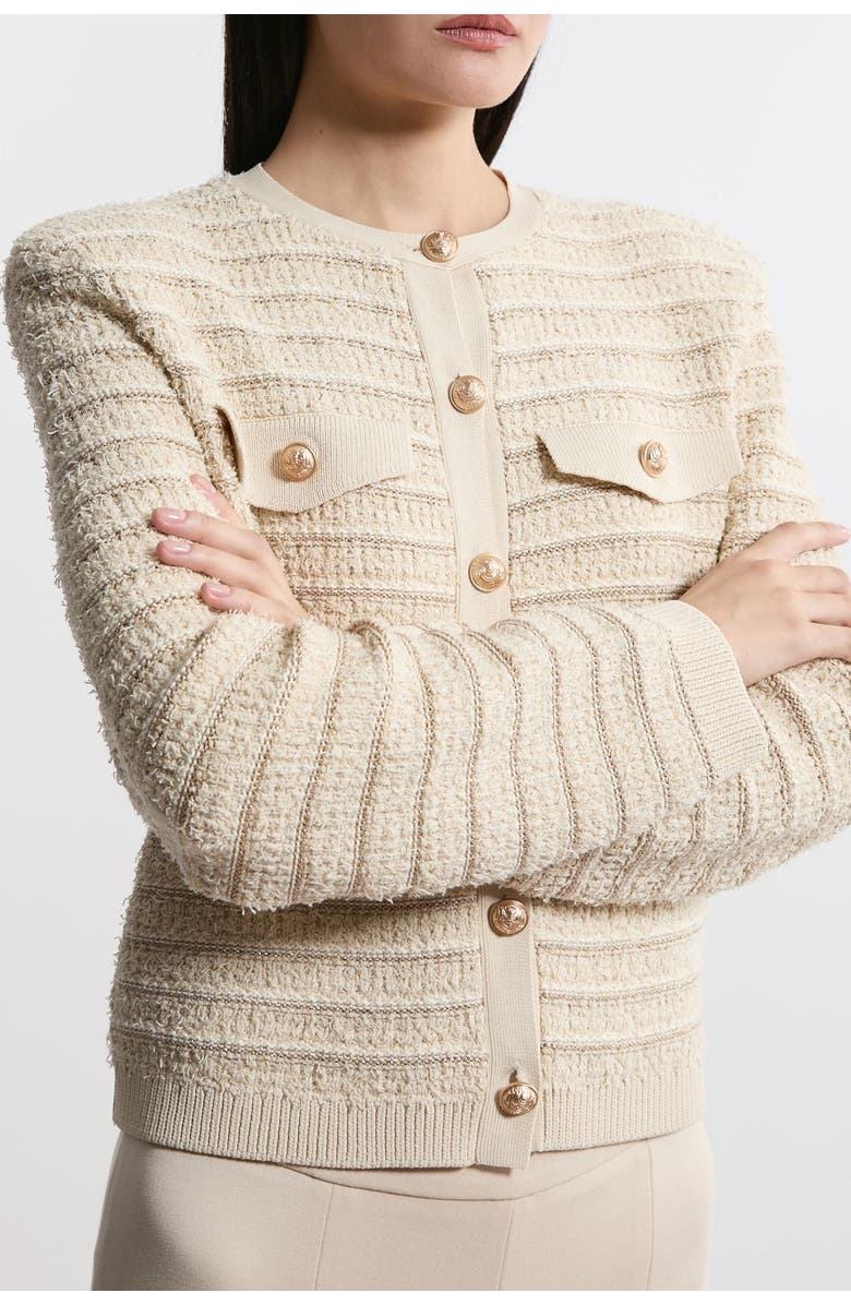 Karen Millen Textured Military Trim Knit Jacket, Alternate, color, Cream