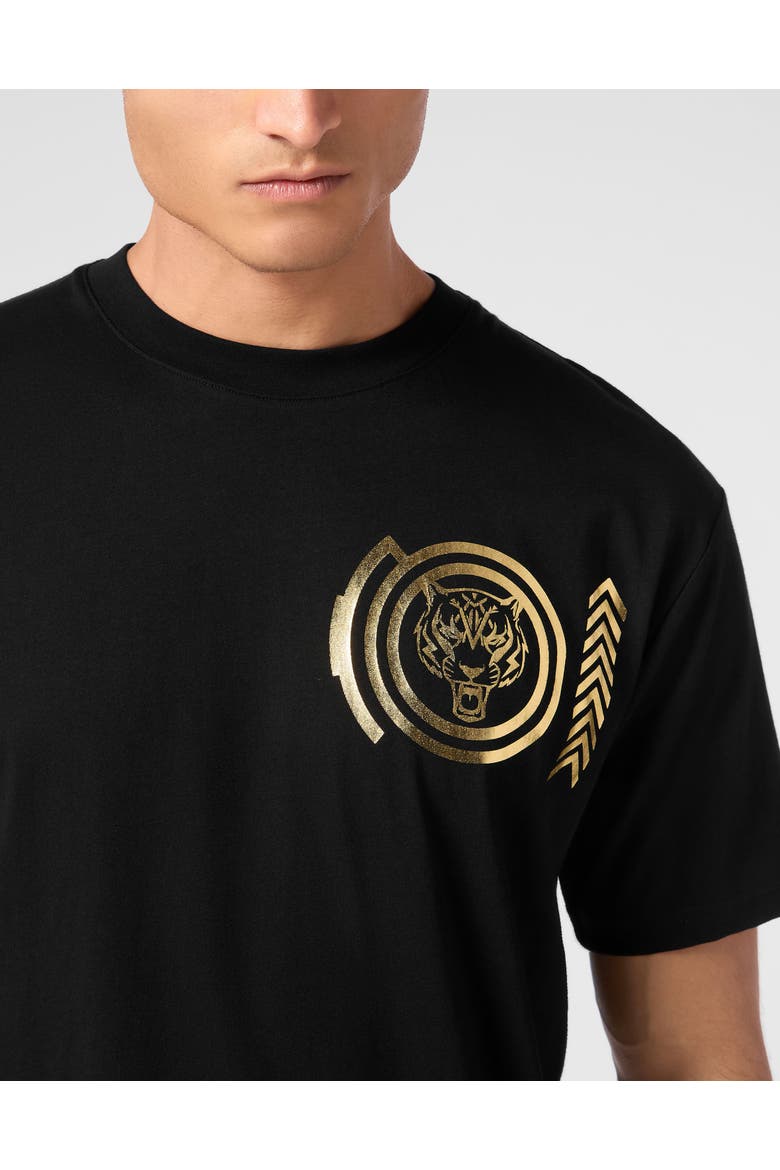 Cotton T-Shirt Round Neck Ss Lamina Tiger Men, Alternate, color, black/lightgold