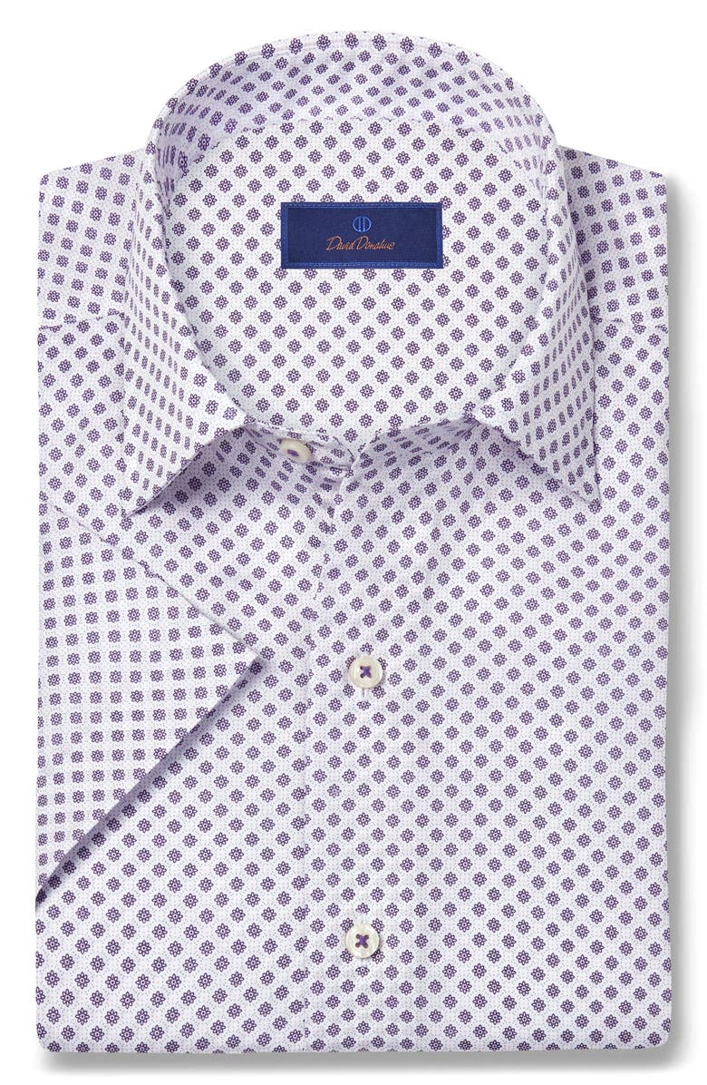 David Donahue Neat Print Short Sleeve Shirt, Main, color, White/ Purple