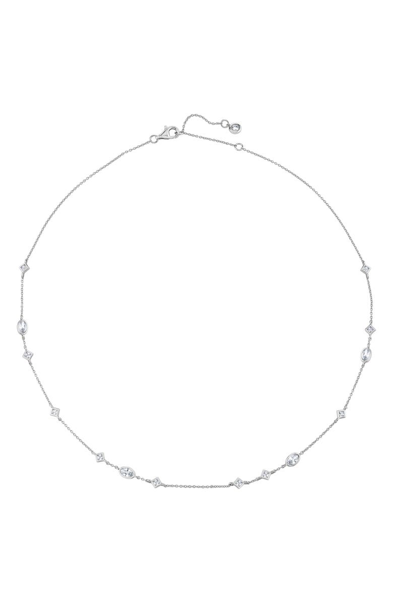 Crislu Princess & Oval Cubic Zirconia Station Chain Necklace, Alternate, color, Pure Platinum / Clear Stone