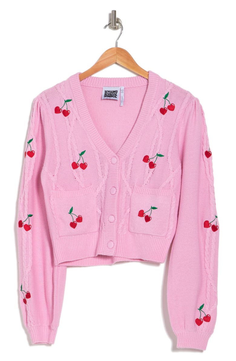 ASOS DESIGN Cherry Cable Knit Cardigan, Alternate, color,