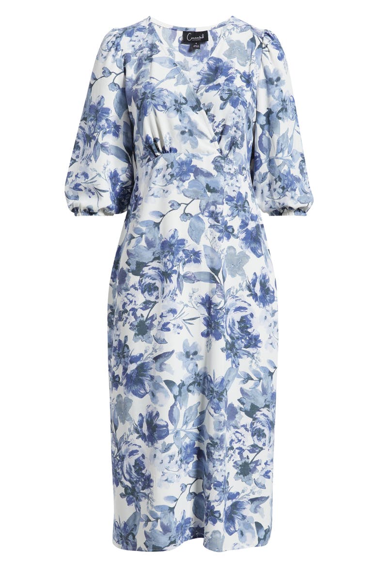 Floral Print Puff Shoulder Midi Dress, Alternate, color, BLUE