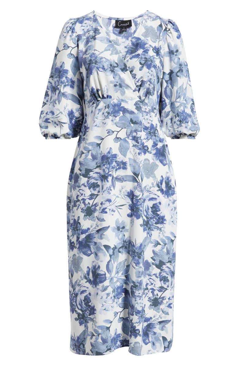 Connected Apparel Floral Print Puff Shoulder Midi Dress, Main, color, Blue