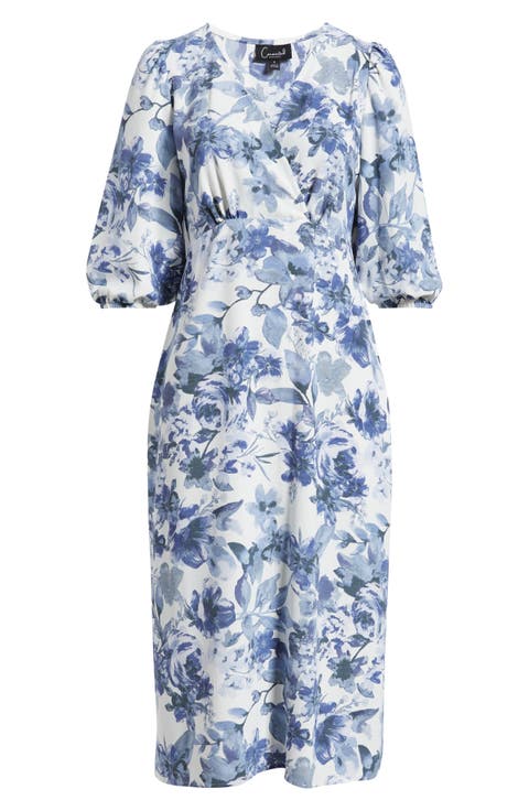 Floral Print Puff Shoulder Midi Dress