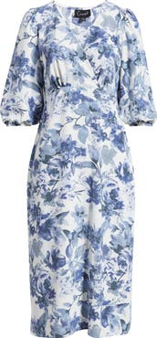 Connected Apparel Floral Print Puff Shoulder Midi Dress