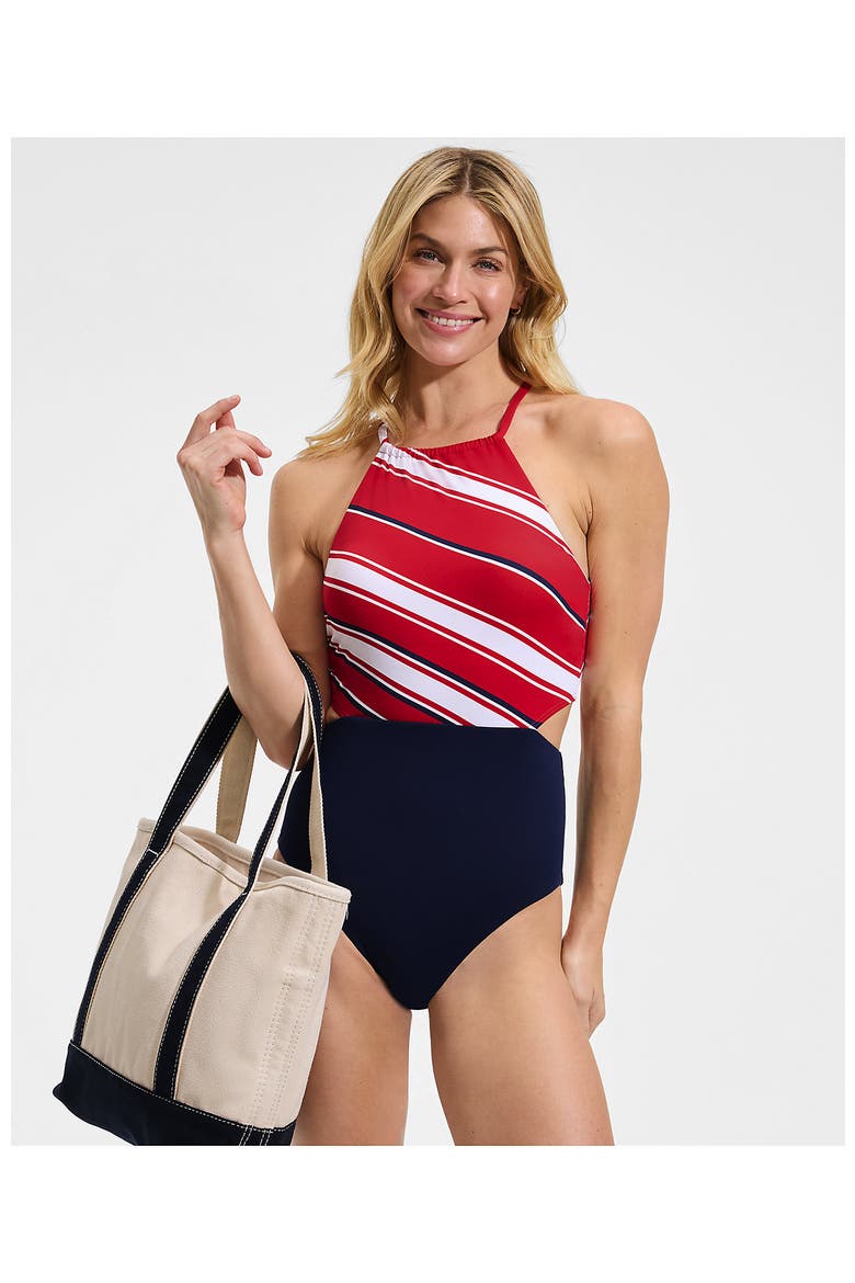 High Neck Monokini High Leg One Piece Swimsuit, Alternate, color, Red Diagonal Stripe/Navy