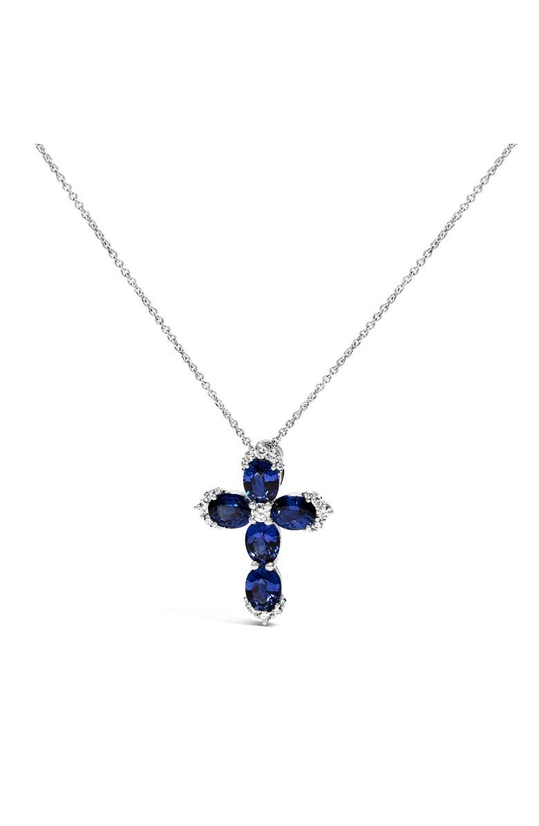 Haus of Brilliance 18K White Gold 3x4 MM Oval Blue Sapphire and Diamond Cross Pendant Necklace, Main, color, White