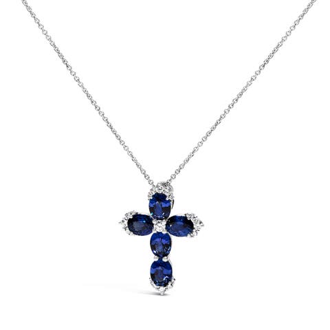 18K White Gold 3x4 MM Oval Blue Sapphire and Diamond Cross Pendant Necklace