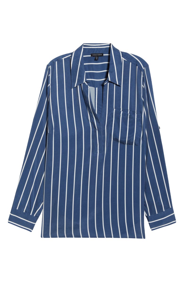 Universal Standard Button Back Stripe Johnny Collar Popover Shirt, Alternate, color, Ensign Blue Stripe