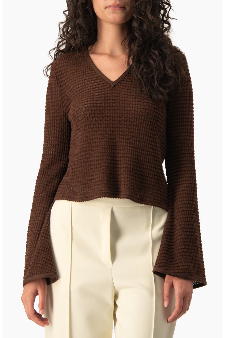 Waffle-knit V-neck Flared Bell-sleeve Cropped Sweater, Main, color, Brown