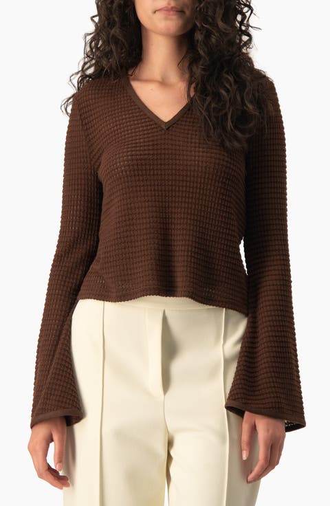 Waffle-knit V-neck Flared Bell-sleeve Cropped Sweater