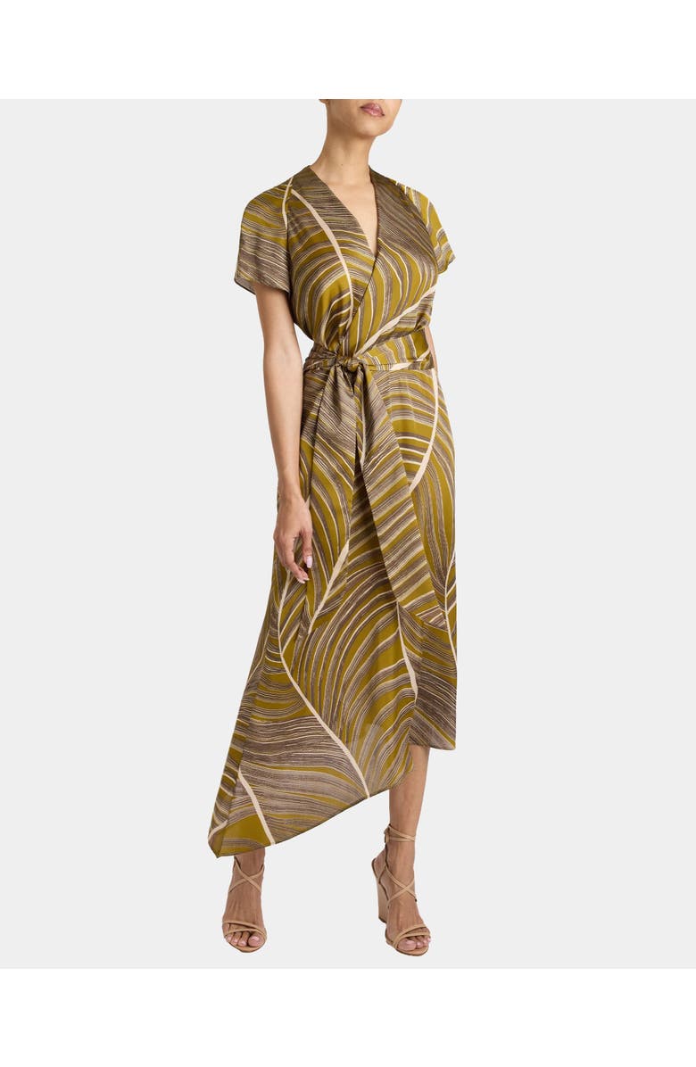 Santorelli HALEY Cap Sleeve Faux Wrap Hi Lo Midi Dress in Printed Charmeuse, Alternate, color, Coconut
