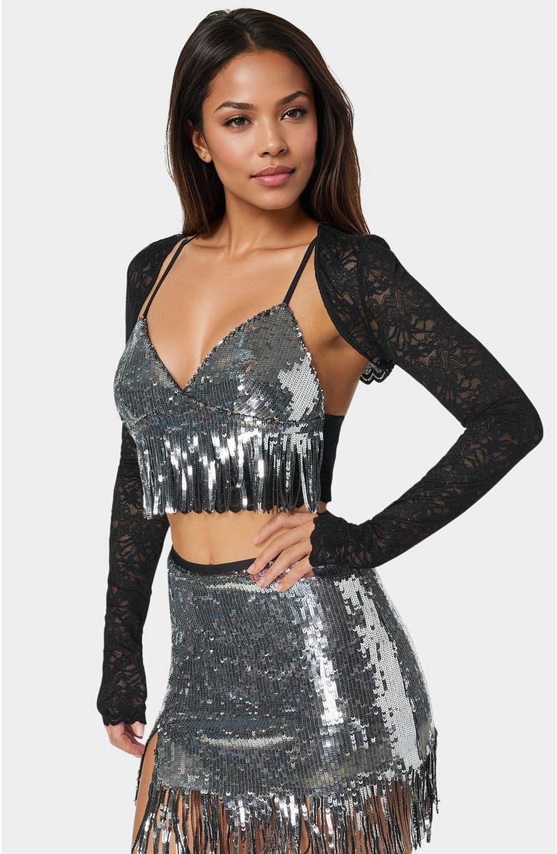 bebe Lace Shrug and Sequins Cami, Alternate, color, Black